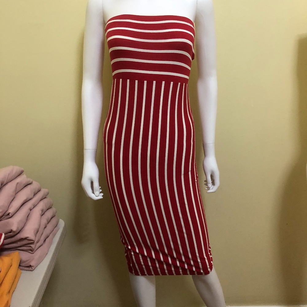 Red and White Stripped Strapless fitted dress